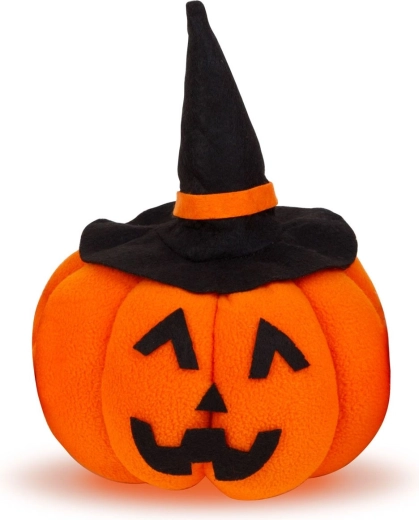 Tekstylna halloweenowa dekoracja w kształcie dyni z czarnym kapeluszem
