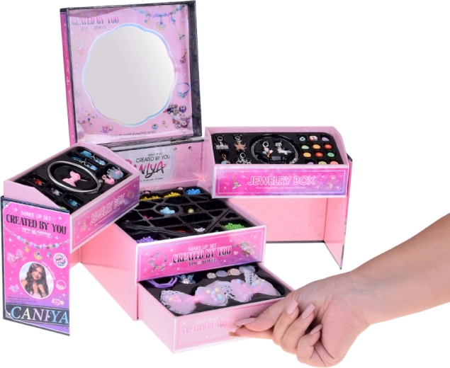 Przejrzyste, rozkładane pudełko na biżuterię z lusterkiem