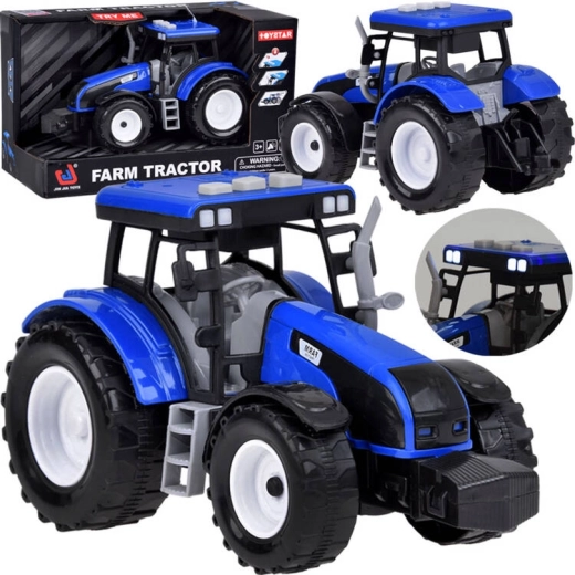 Niebieski traktor z napędem nakręcanym oraz efektami świetlnymi i dźwiękowymi