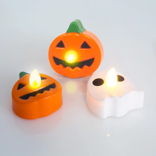 Halloweenowe świeczki LED typu tealight w kształcie dyni i ducha – 3 sztuki