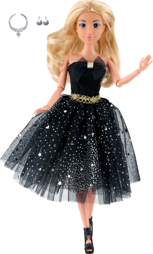 Modna lalka w krótkiej czarnej sukience wieczorowej