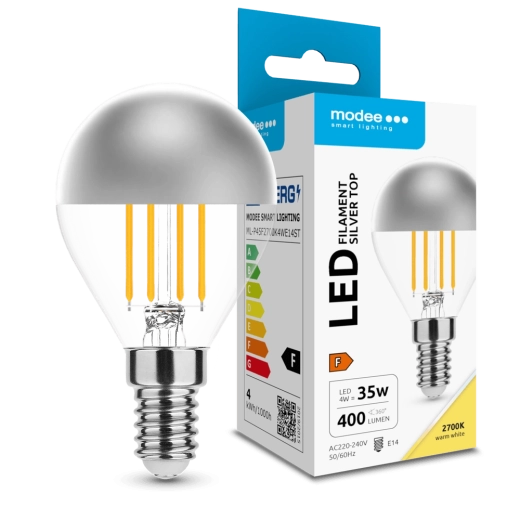 Modee LED żarówka Filament Globe Mini P45 Silver Top 4 W E14, 400 lm, ciepła biel