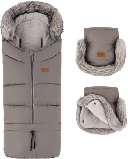 Petite&Mars zestaw zimowy: śpiworek Arctic 4w1 + rękawice do wózka Furry mocha mousse