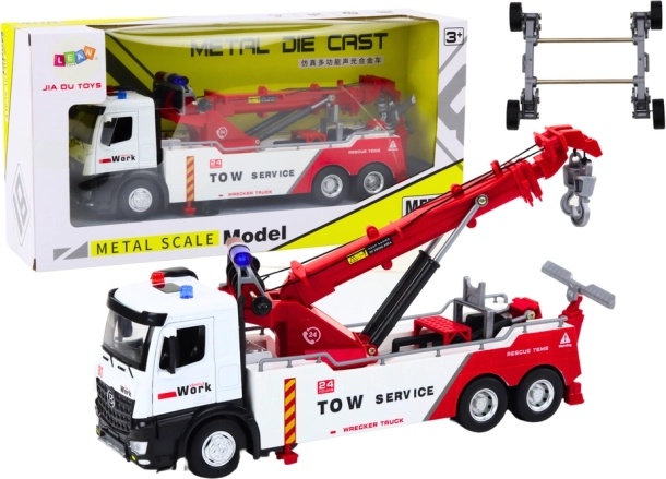 metalowa laweta z dźwigiem z dwoma hakami, światłami i dźwiękami, biało‑czerwona