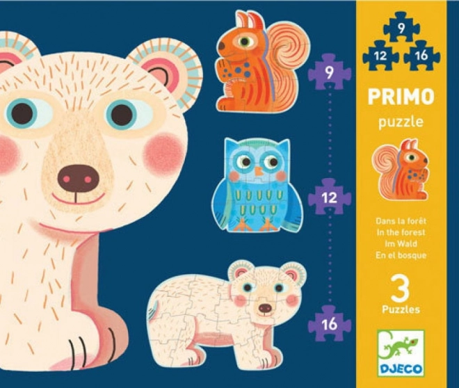 DJECO puzzle W lesie 3w1 – konturowe zwierzątka dla dzieci (9, 12, 16 elementów)