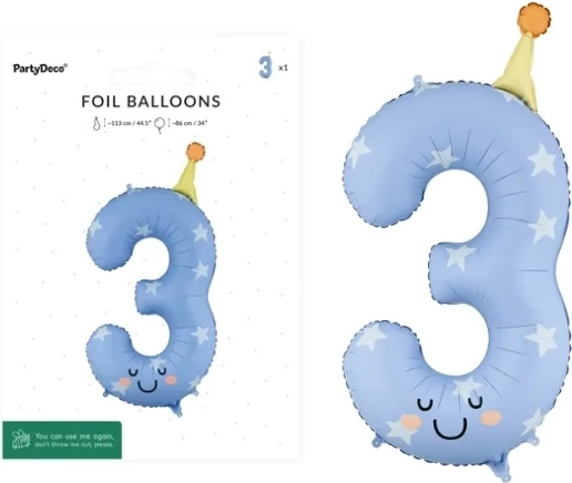 Foliowy balon w kształcie cyfry 3 jasnoniebieski 86 cm