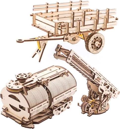 UGEARS akcesoria do ciężarówki UGM-11 – drabina strażacka, wywrotka i cysterna (3D drewniane moduły mechaniczne)