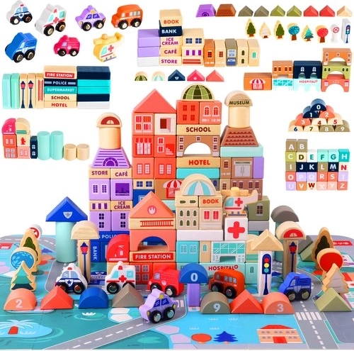 Drewniane miasto zestaw konstrukcyjny 115 elementów z matą puzzle KRUZZEL
