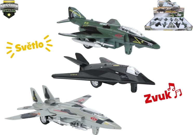 Wojskowy samolot Mission Control 15,5 cm ze światłem, dźwiękiem i napędem typu pull-back