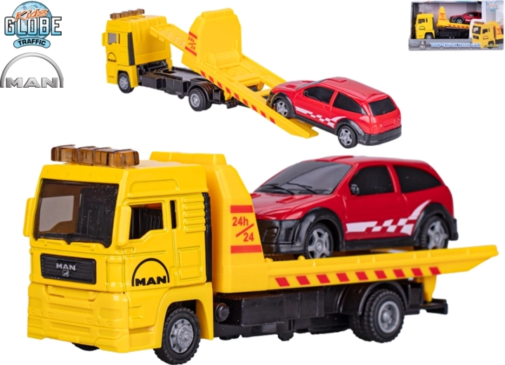 Kids Globe Traffic pomoc drogowa MAN – metalowy model z samochodem osobowym 19 cm
