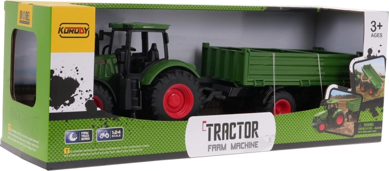 Zielony traktor z przyczepą
