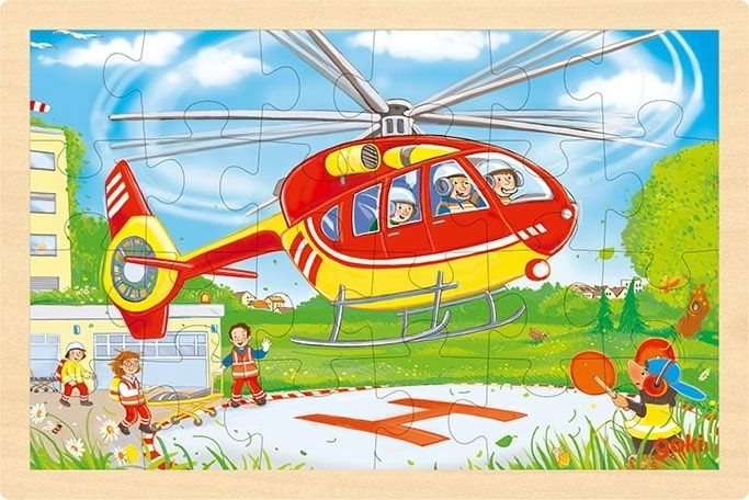 Drewniane dwustronne puzzle strażacy i helikopter 24 elementy Goki
