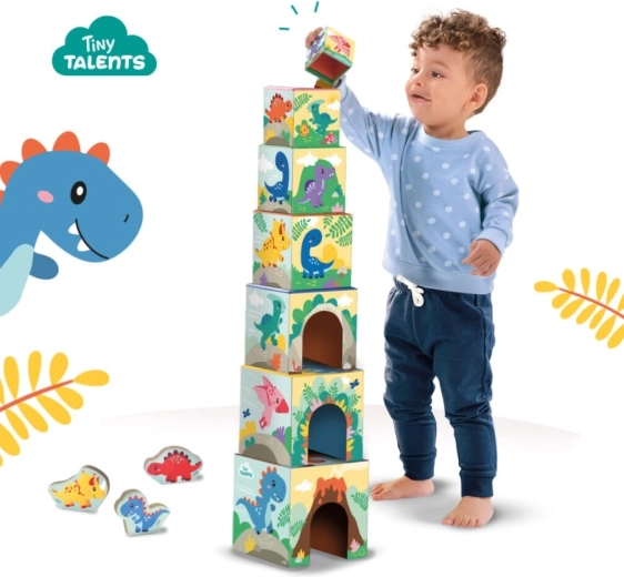 Wieża z 7 klocków z wesołymi ilustracjami dinozaurów