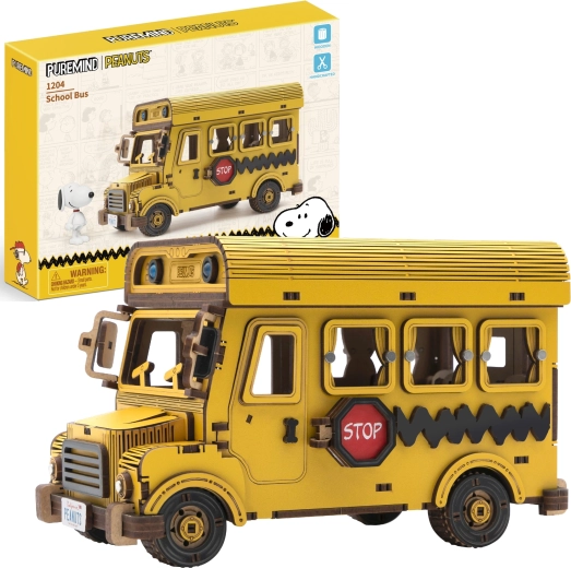 Puremind drewniany model 3D szkolnego autobusu PEANUTS Snoopy – zestaw konstrukcyjny