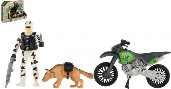 Wojskowy zestaw akcji z motocyklem, żołnierzem i psem