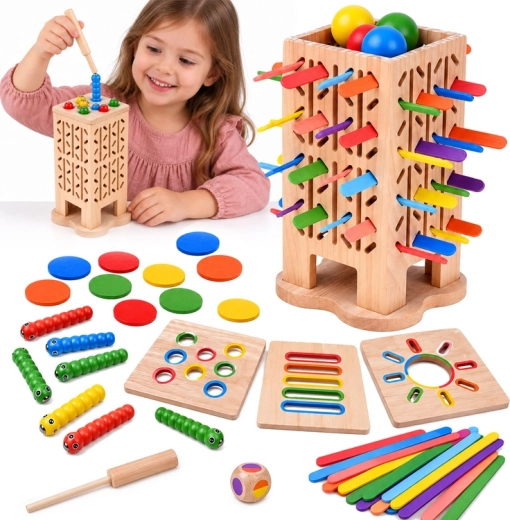 Drewniana gra edukacyjna 5 w 1 z wieżą, kulkami i patyczkami