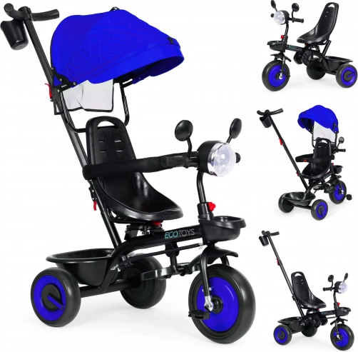 3w1 dziecięcy trójkołowiec z obrotowym siedziskiem i daszkiem, niebieski, ECOTOYS