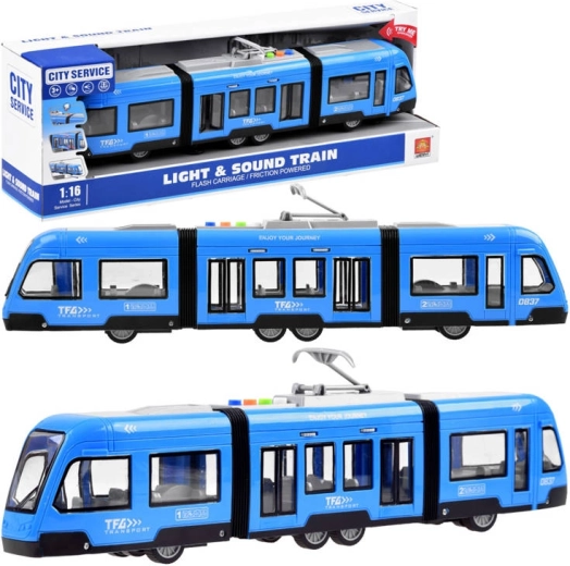 Przegubowy niebieski tramwaj z dźwiękiem i światłem ZA3834