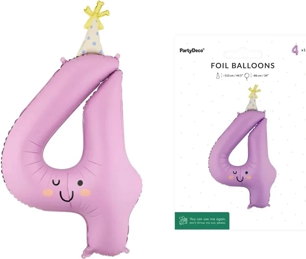 Foliowy balon cyfra 4, lawendowy z buźką
