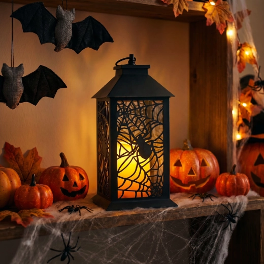 Halloweenowa migocząca latarnia LED z pająkiem na baterie