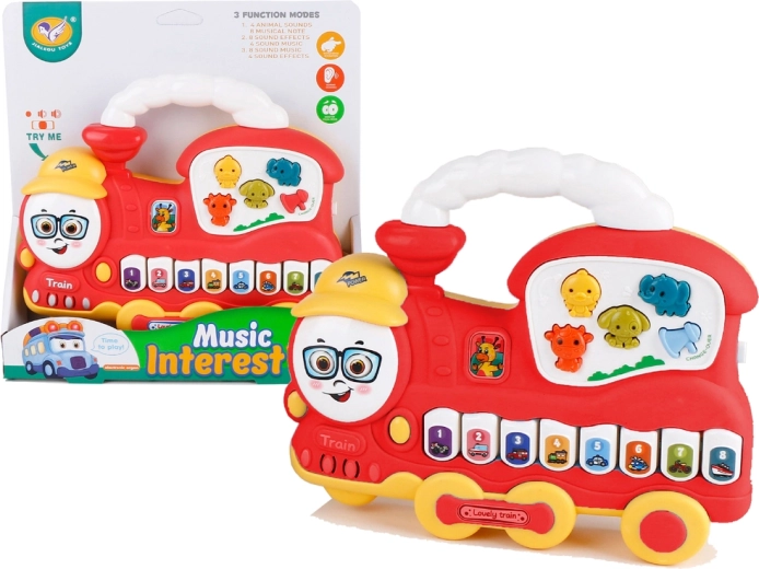 Interaktywne dziecięce pianinko lokomotywa – dźwięki zwierząt, dźwięki pojazdów i melodie, czerwone