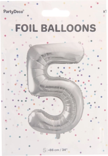 Srebrny balon foliowy cyfra 5, 86 cm