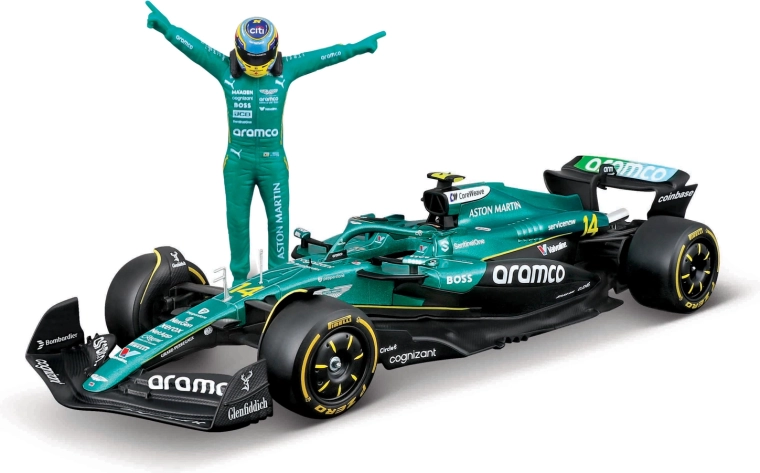 Model Formuły 1 Bburago Aston Martin AMR25 2025 z figurką kierowcy Fernando Alonso (nr 14) 1:24