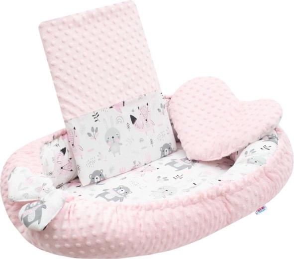 Luksowne niemowlęce gniazdko z poduszką i kołderką z minky różowe NEW BABY