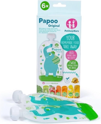 Petite&Mars wielorazowe saszetki na jedzenie Papoo słoń 150 ml (6 szt.)