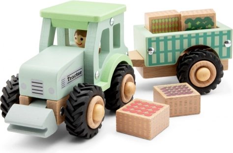Drewniany traktor z przyczepą i ładunkiem