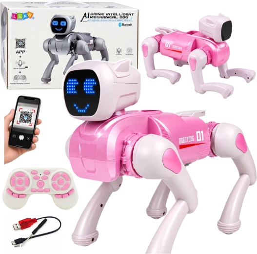 Interaktywny robotyczny pies AI sterowany zdalnie przez Bluetooth, różowy