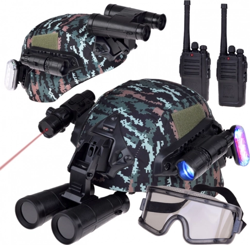 Zestaw wojskowy z hełmem, lornetką i walkie-talkie