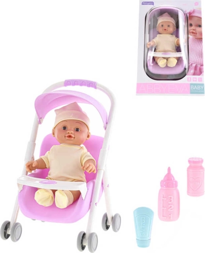 Lalka niemowlę w wózku z dźwiękami i akcesoriami 24 cm