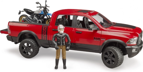 Bruder terenowy pick‑up Ram z motocyklem Ducati Scrambler i figurką