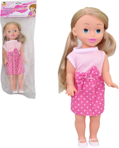 Lalka Adélka 34 cm w różowym letnim ubranku z spódniczką w kropki