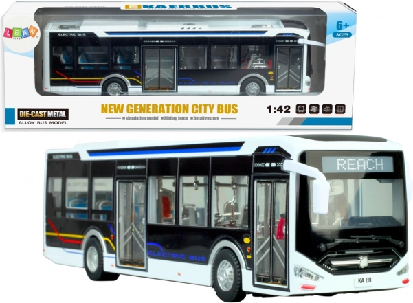 Elektryczny miejski autobus 1:42 metalowy biały ze światłami