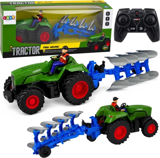 Zielony rolniczy traktor RC z pługiem i figurką farmera 1:24