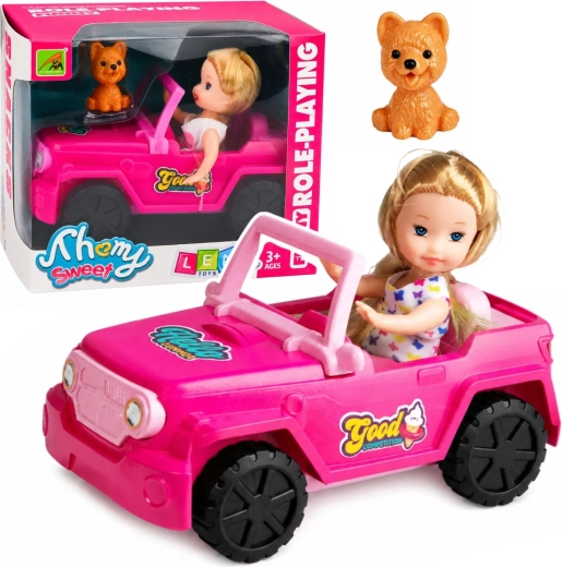Mini laleczka w różowym terenowym kabriolecie z pieskiem