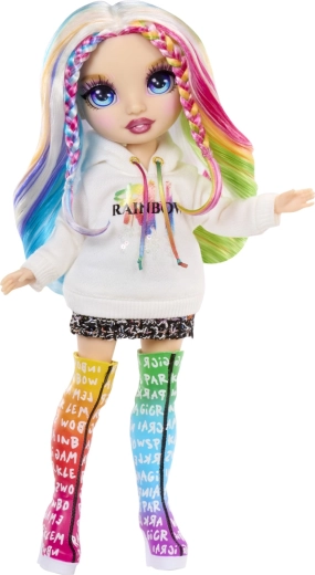 Lalka z ruchomymi stawami i tęczowymi włosami