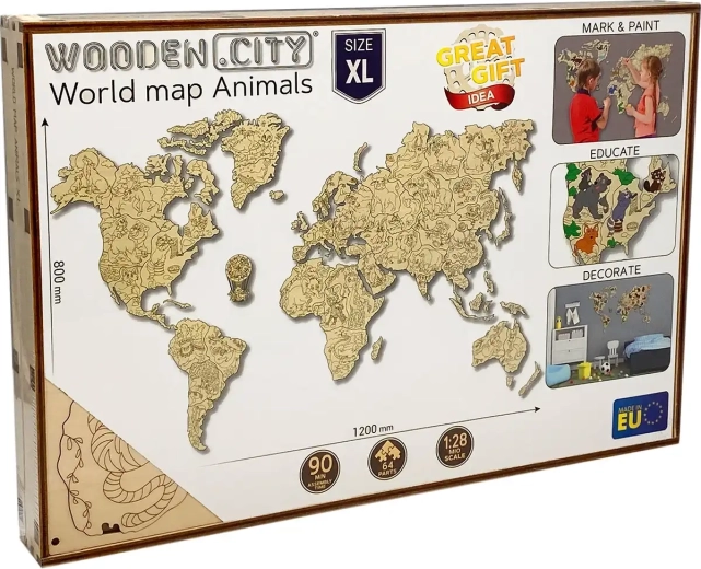 Wooden.City drewniana mapa świata ze zwierzętami XL