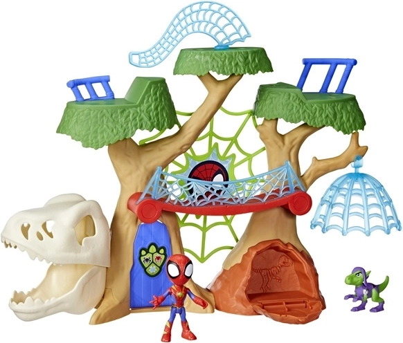 Zabawa figurkami Spider-Mana i dinozaura