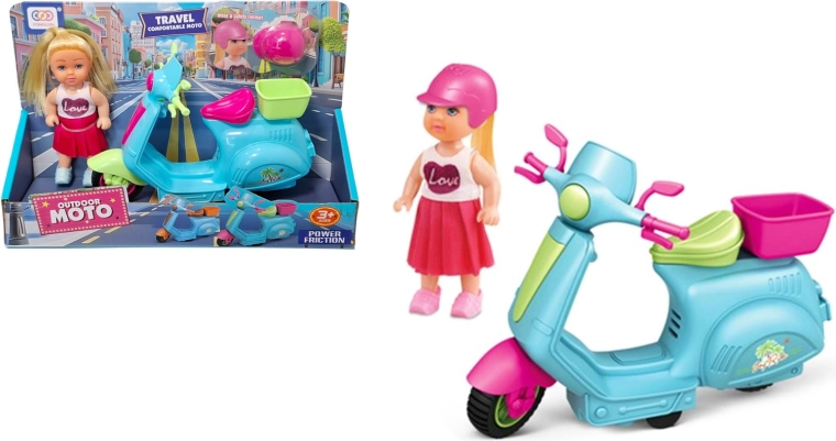 Lalka na skuterze z koszykiem i kaskiem