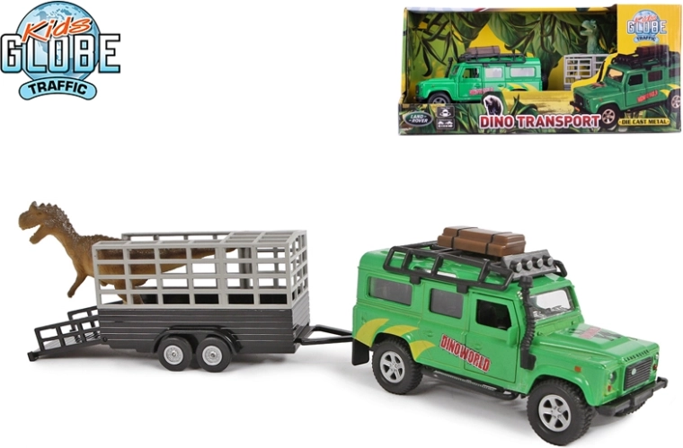 Kids Globe Traffic terenowe auto LAND ROVER z przyczepą i dinozaurem 28 cm, metal, napęd typu pull-back
