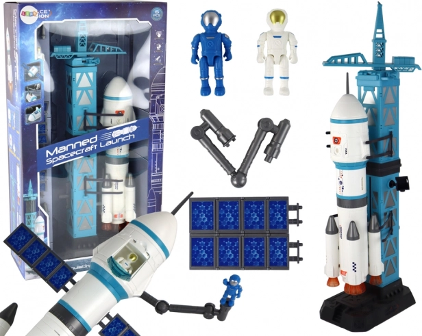 Misja kosmiczna – rakieta z wieżą startową i astronautami, zestaw 15‑elementowy