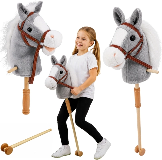 Szary Hobby Horse – koń na kiju 100 cm z dźwiękami i kółkami