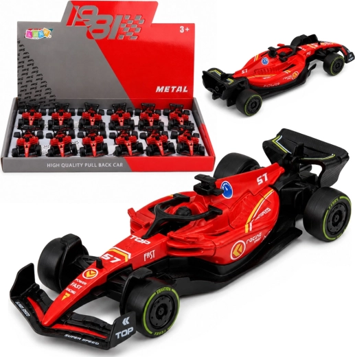 Metalowy samochód wyścigowy typu Formuła z napędem pull back 1:43 czerwony