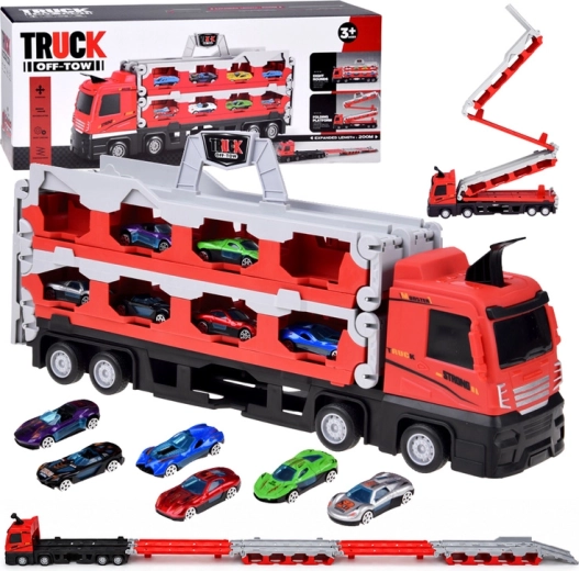 Rozkładany dwupoziomowy transporter samochodowy z 6 samochodzikami