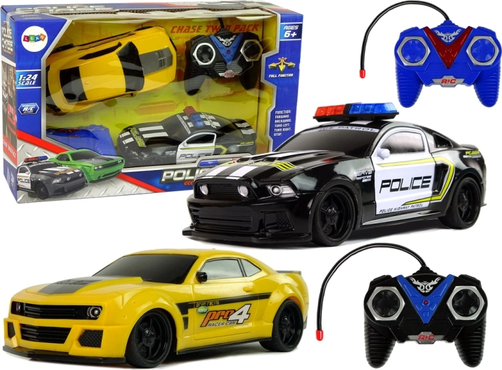 Zestaw samochodów R/C do policyjnego pościgu – radiowóz i żółte auto sportowe z 2 pilotami