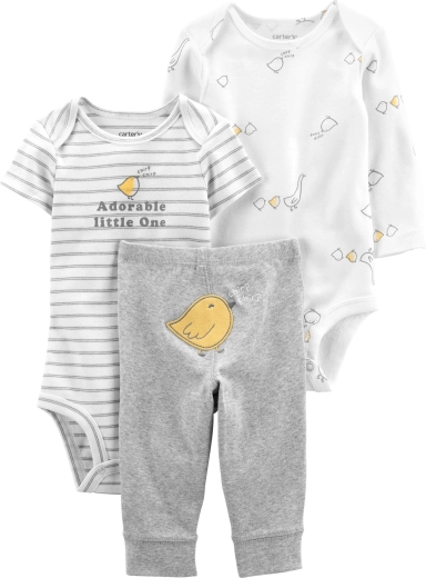 Carter’s zestaw niemowlęcy 3-częściowy Grey Chick – body z krótkim i długim rękawem oraz spodenki dresowe