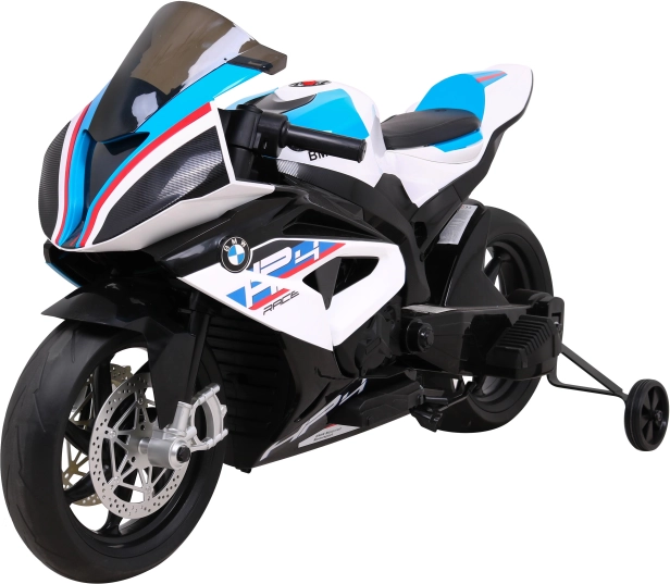Dziecięcy motocykl elektryczny BMW HP4, biały, kółka pomocnicze, łagodny start, koła EVA, MP3 i LED